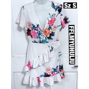 FFLMYUHULIU White Crossover Floral Dress with Double Ruffles Sz Sm